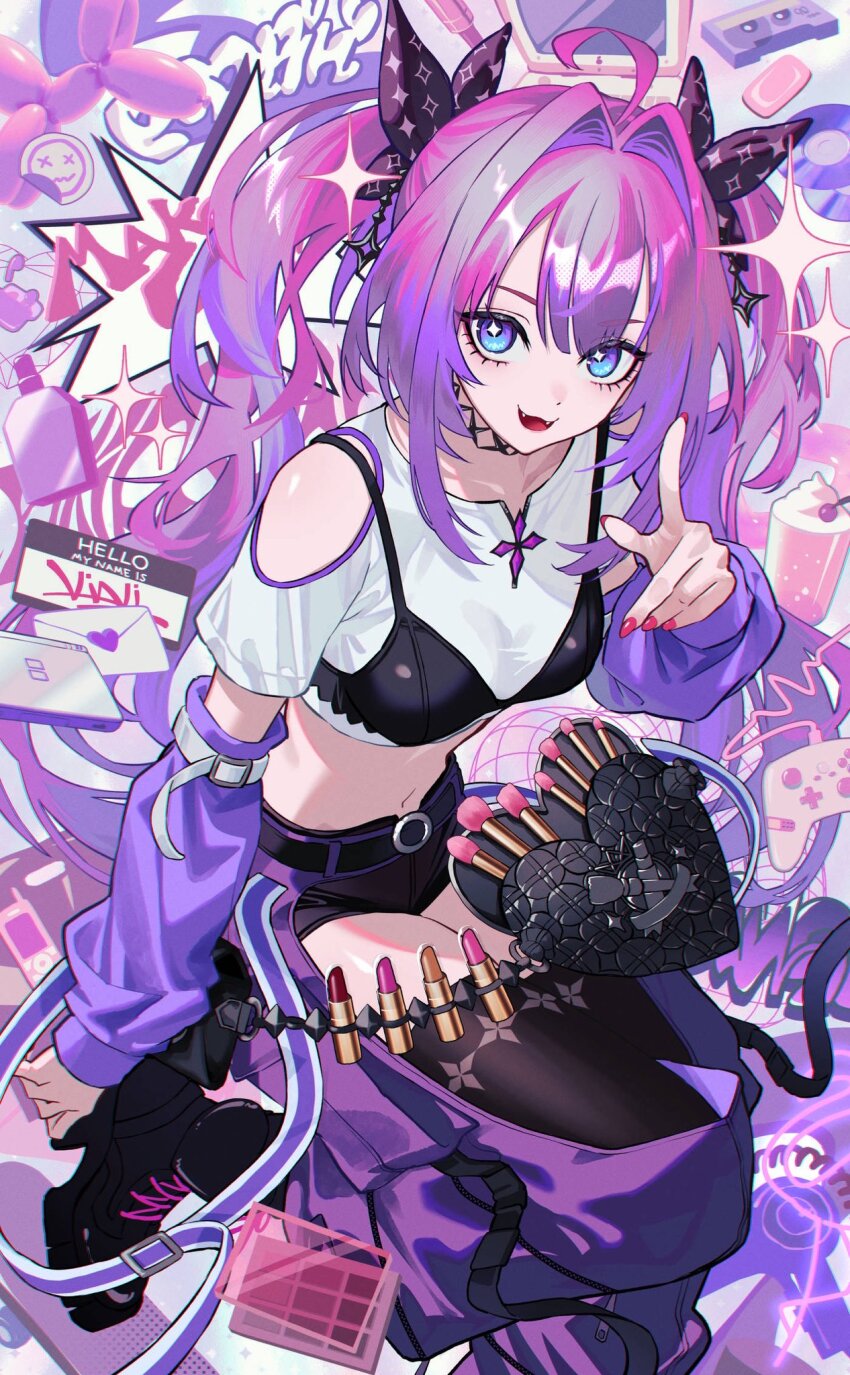 1girl, black_bra, black_shorts, black_thighhighs, blue_eyes, bra, bra_over_clothes, detached_sleeves