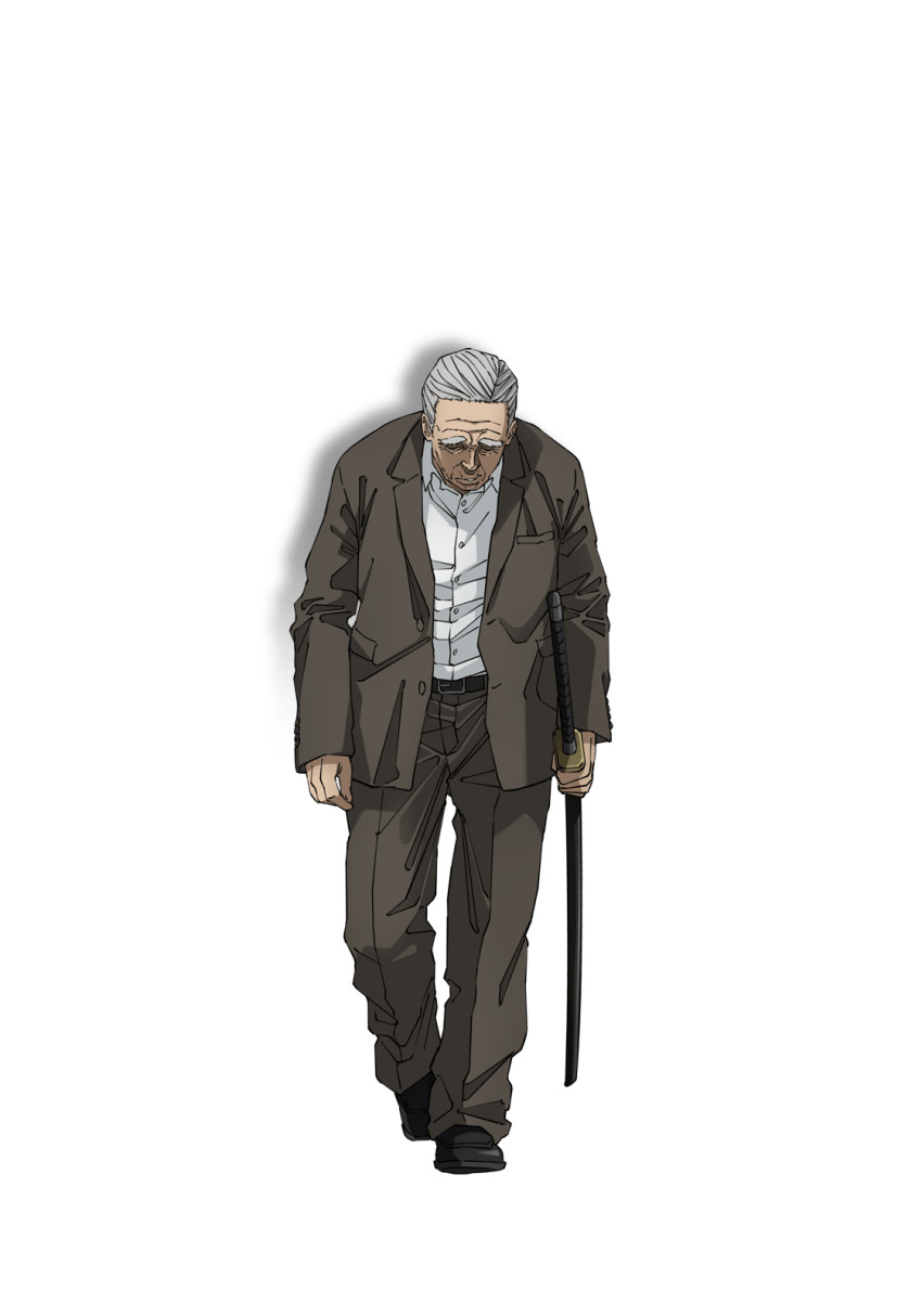1boy, anime_coloring, belt, brown_belt, brown_jacket, brown_pants, collared_shirt, full_body, hair_slicked_back, highres, holding, holding_weapon, jacket, katana, long_sleeves, looking_down, moriyama_you, official_art, old, old_man, open_clothes, open_jacket, pants, sakamoto_days, scabbard, sheath, sheathed, shirt, short_hair, simple_background, solo, standing, sword, takamura_(sakamoto_days), transparent_background, weapon, white_hair, white_shirt, wrinkled_skin