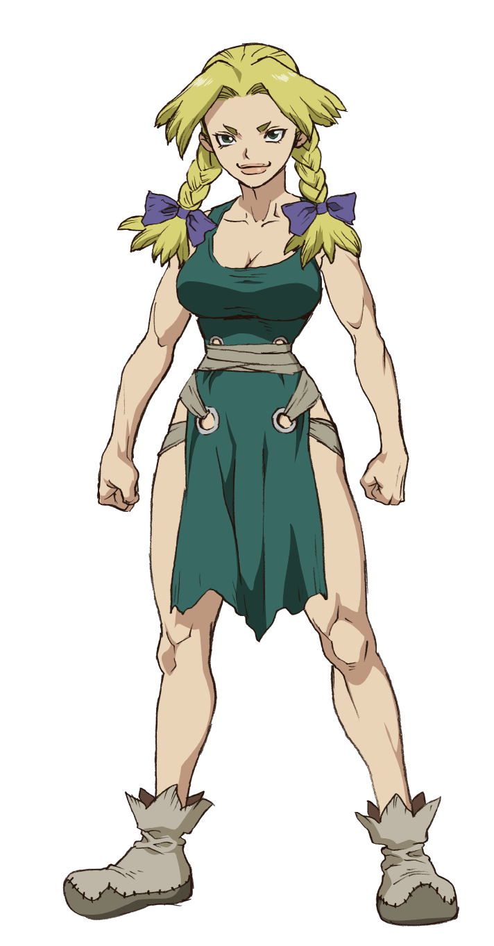 1girl, anime_coloring, blonde_hair, bow, braid, breasts, cleavage, clenched_hands