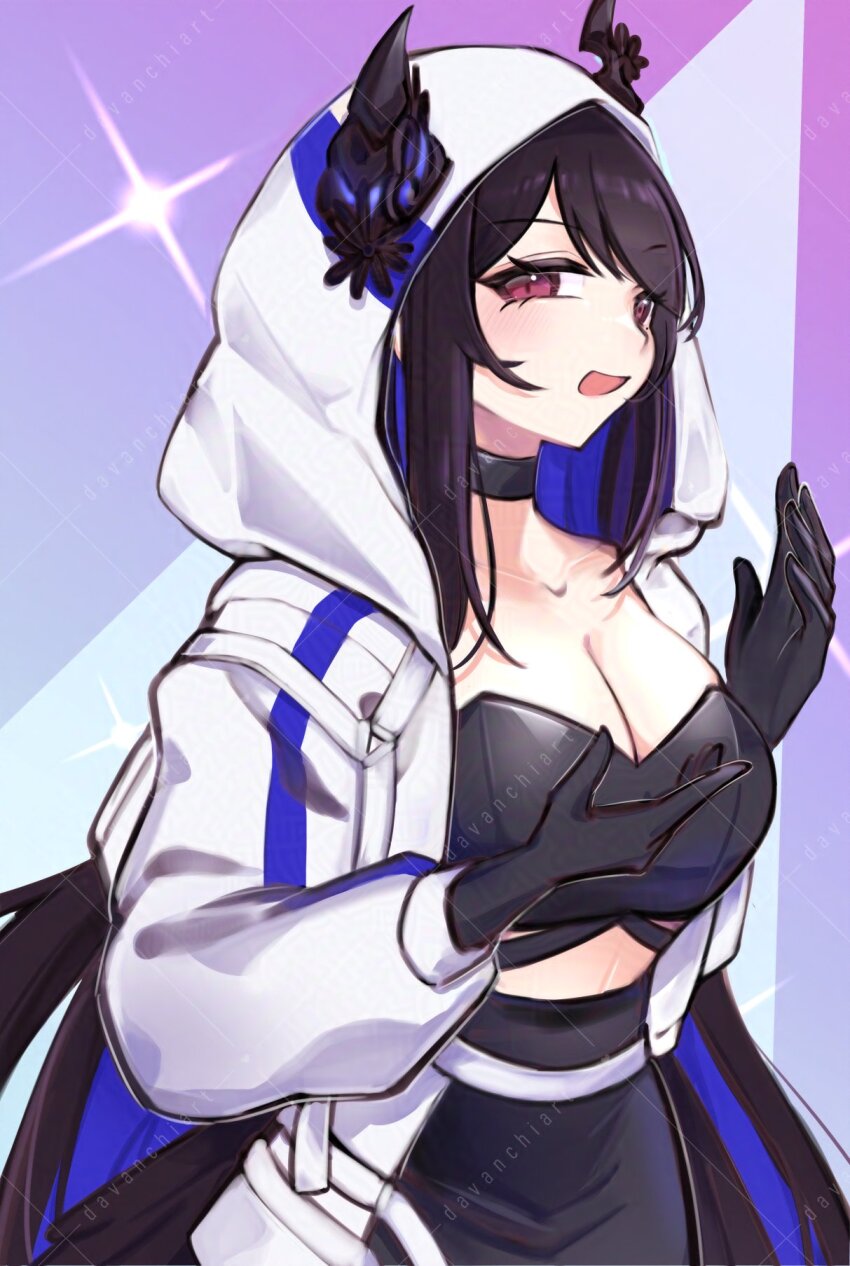 1girl, asymmetrical_horns, black_bra, black_hair, black_horns, black_skirt, blue_hair, blush