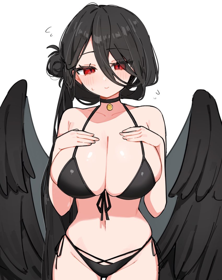 1girl, bikini, black_bikini, black_choker, black_hair, black_wings, blue_archive, blush, choker, collarbone, cowboy_shot, feathered_wings, flying_sweatdrops, front-tie_bikini_top, front-tie_top, groin, hair_between_eyes, hair_bun, halterneck, hands_on_own_chest, hasumi_(blue_archive), highleg, highleg_bikini, highres, long_hair, long_hair_between_eyes, looking_at_viewer, mui_(tqxg4), navel, official_alternate_costume, side-tie_bikini_bottom, simple_background, single_side_bun, smile, solo, stomach, string_bikini, swimsuit, very_long_hair, white_background, wings