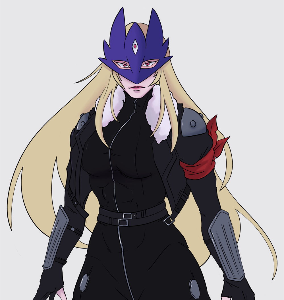 1girl, beelstarmon, beelzebumon, beelzebumon_(cosplay), belt, black_gloves, blonde_hair, breasts, cosplay, digimon, digimon_(creature), eye_mask, gloves, jacket, karina_farek, leather, leather_jacket, long_hair, mask, simple_background, solo, third_eye