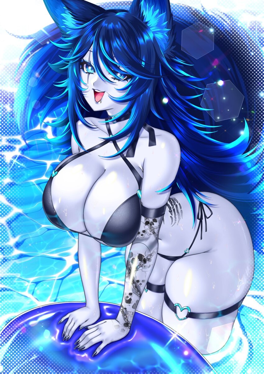1girl, animal_ears, arm_tattoo, bikini, black_bikini, black_nails, blue_eyes, blue_hair