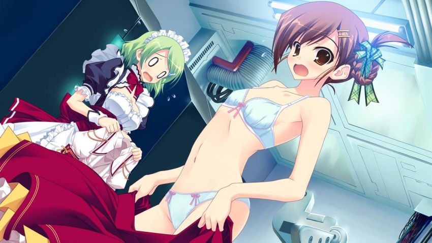 0_0, 2girls, blush, bow, bra, braid, breasts, brown_eyes, brown_hair, cleavage, dressing, flat_chest, frills, game_cg, green_hair, hair_ornament, hair_ribbon, hairclip, kikurage_(plastic_people), kimi_wo_aogi_otome_wa_hime_ni, kuroe_(kimi_wo_aogi_otome_wa_hime_ni), lingerie, maid, midriff, miyazono_hitomi, multiple_girls, navel, o_o, open_mouth, panties, ribbon, satou_satoru, school_uniform, sweatdrop, underwear, underwear_only, wrist_cuffs