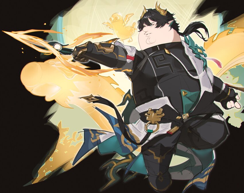 1boy, absurdres, aqua_tail, black_gloves, black_hair, black_jacket, black_pants, blue_eyes