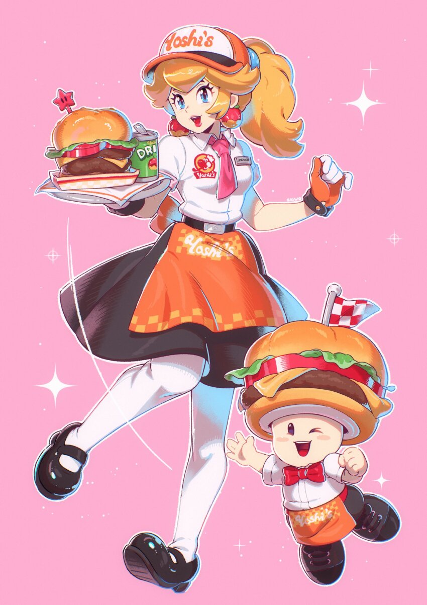 1girl, apron, baseball_cap, belt, black_skirt, blonde_hair, blue_eyes, bow