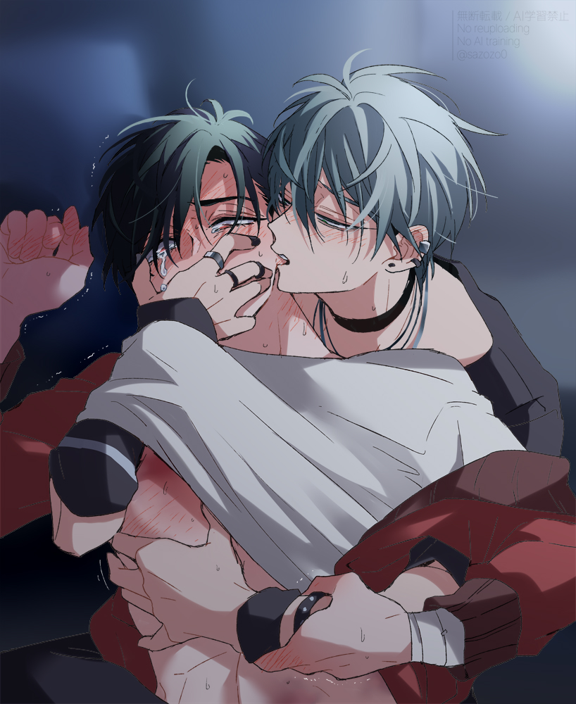2boys, alien_stage, biting, biting_ear, black_choker, black_hair, black_nails, black_shirt, blush, choker, commentary_request, covering_another's_mouth, crying, ear_piercing, earrings, grey_hair, hand_under_clothes, hand_under_shirt, ivan_(alien_stage), jacket, jewelry, male_focus, multiple_boys, piercing, red_jacket, ring, sazare_(sazozo0), shirt, till_(alien_stage), trembling, twintails, watermark, white_shirt, yaoi