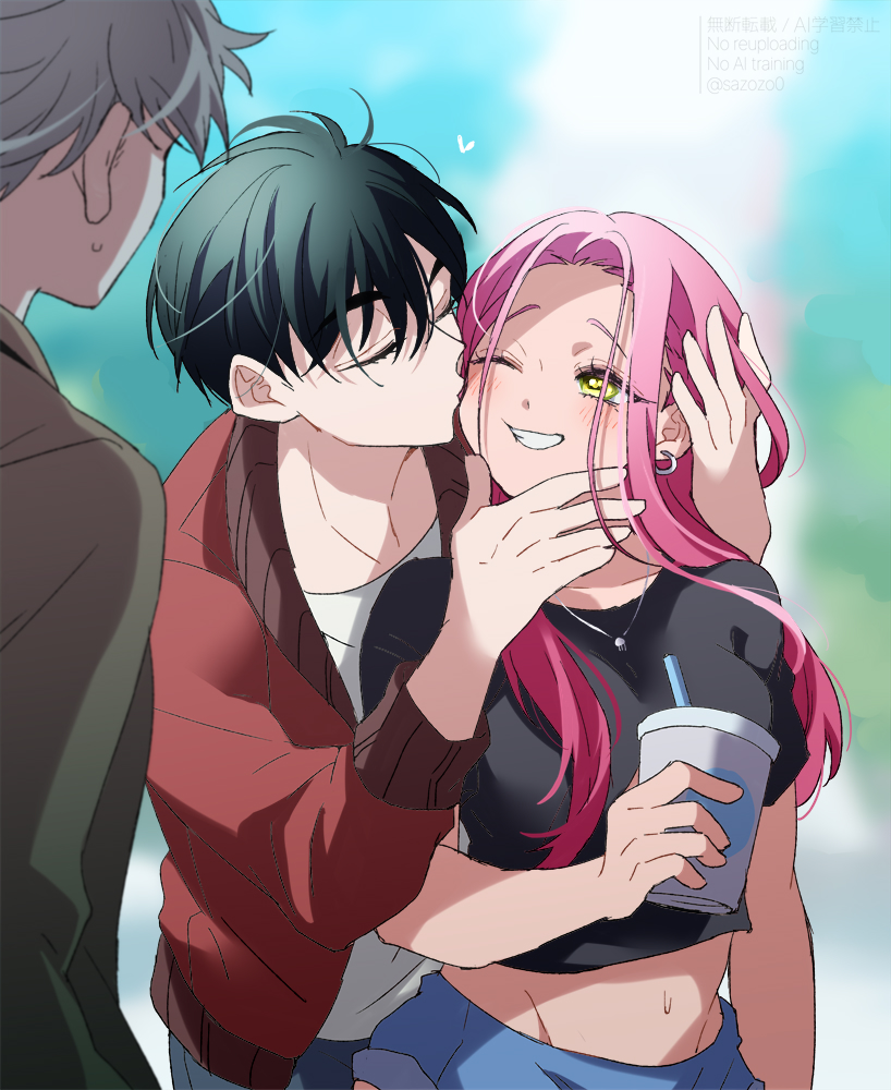 2boys, alien_stage, black_hair, black_shirt, closed_eyes, commentary_request, crop_top, cup