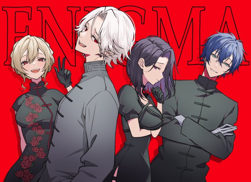 2boys, 2girls, black_choker, black_dress, black_gloves, black_jacket, blonde_hair, blue_hair