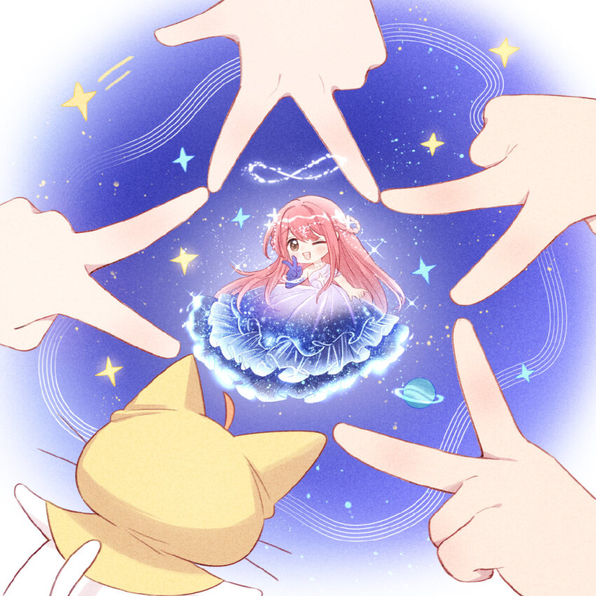 1girl, ahoge, animal, artist_request, asymmetrical_dress, bead_bracelet, beads, bracelet, brown_eyes, by_stars_be_sworn_(shining_nikki), cat, chibi, chinese_commentary, cloak, clothed_animal, commentary_request, dress, ear_covers, eyelashes, gloves, gown, gradient_clothes, gradient_dress, halo, happy, hood, hooded_cloak, infinity_symbol, jewelry, light_blush, light_particles, long_dress, long_hair, long_sidelocks, looking_at_viewer, mini_person, minigirl, momo_(nikki), musical_staff, nikki_(nikki), nikki_(series), official_art, one_eye_closed, open_mouth, pink_hair, planet, planetary_ring, purple_dress, purple_gloves, second-party_source, shining_nikki, short_sleeves, sidelocks, single_bare_shoulder, single_glove, single_sleeve, smile, space, space_print, sparkle, starry_sky_print, tareme, v, very_long_hair, whiskers, white_cat, white_halo, yellow_cloak