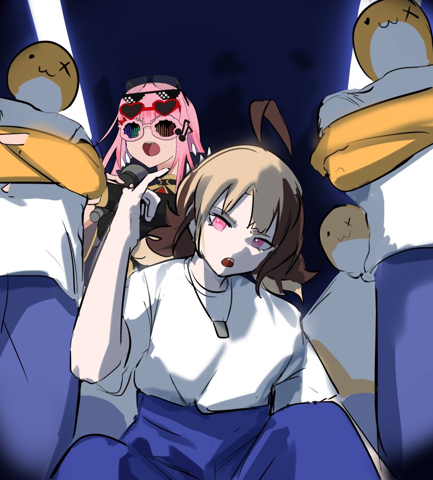 2girls, 3others, absurdres, ahoge, blonde_hair, blue_pants, brown_hair, cosplay