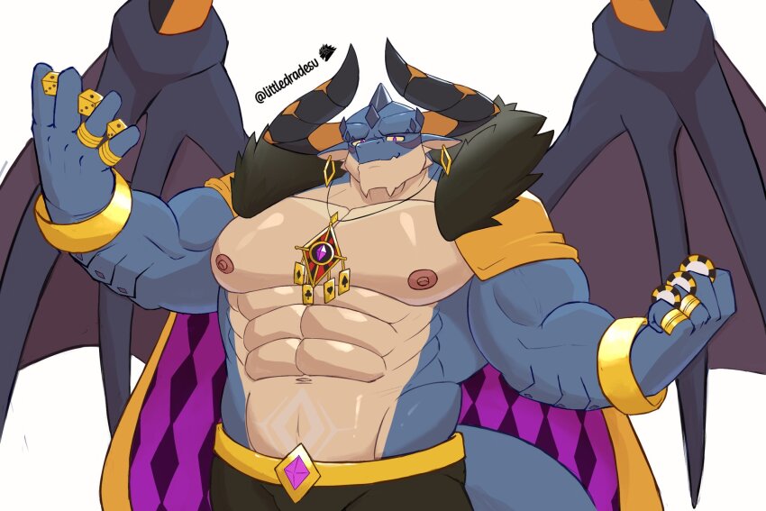 1boy, abs, animal_ears, artist_name, bara, black_pants, cape, chinese_commentary, claws, colored_sclera, commentary_request, dice, dragon_boy, dragon_ears, dragon_horns, dragon_tail, dragon_wings, earrings, fur-trimmed_cape, fur_trim, furry, furry_male, highres, holding, holding_dice, holding_poker_chip, horns, jewelry, littledradesu, looking_at_viewer, male_focus, muscular, muscular_male, navel, necklace, nipples, pants, pectorals, poker_chip, red_eyes, smile, tail, tyrantino_(xxl), wings, xxl_woofia, yellow_sclera