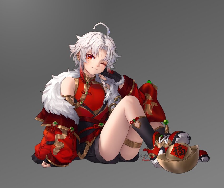 1boy, artist_name, black_gloves, black_shorts, black_socks, chinese_clothes, chinese_commentary, closed_mouth, colored_tips, commentary_request, fingerless_gloves, fur-trimmed_gloves, fur-trimmed_jacket, fur_trim, gloves, grey_background, highres, jacket, jason_xiaojie, looking_at_viewer, male_focus, multicolored_hair, one_eye_closed, red_eyes, red_jacket, red_shirt, shirt, shorts, sitting, sleeveless, sleeveless_shirt, smile, socks, yuanbao, zero_(zeroera), zeroera