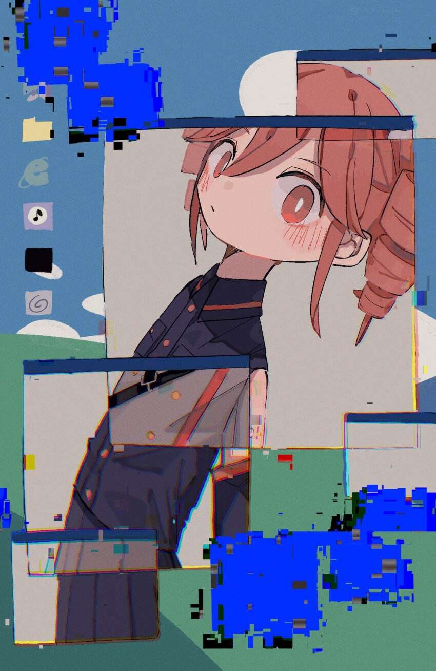 1girl, arm_tattoo, bare_shoulders, black_shirt, black_skirt, bliss_(image), blush, bright_pupils