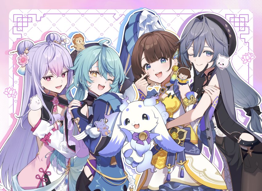 1other, 4girls, :3, :d, ;d, absurdres, ahoge, aqua_hair