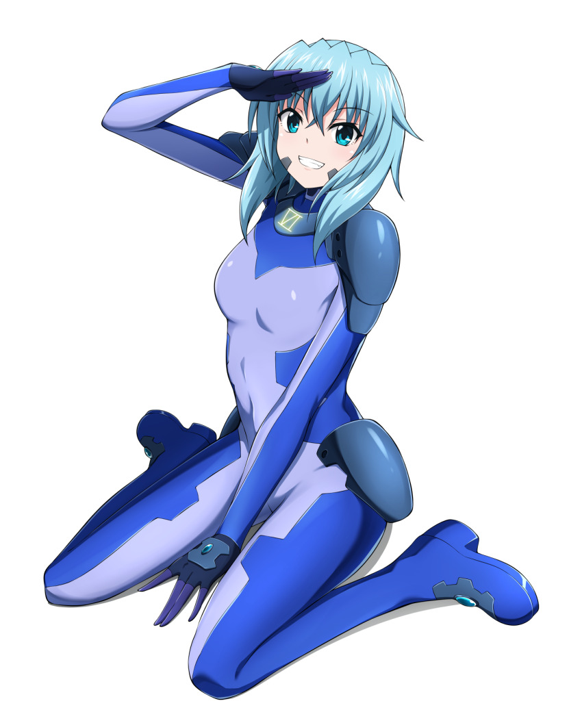 1girl, between_legs, blue_bodysuit, blue_eyes, blue_gloves, blue_hair, bodysuit, breasts