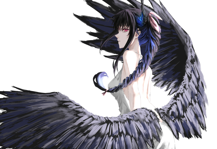 1girl, absurdres, aerith_gainsborough, alternate_costume, backless_dress, backless_outfit, black_hair, black_wings