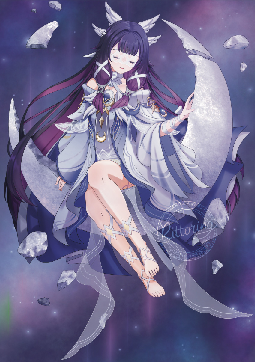 1girl, barefoot_sandals_(jewelry), black_hair, bow, bowtie, closed_eyes, closed_mouth, collar, columbina_(genshin_impact), crescent_moon, dress, feathered_wings, feet, genshin_impact, hair_ornament, head_wings, highres, long_hair, moon, multicolored_hair, pink_hair, podomascha, ribbon, sidelocks, sitting, toenails, toes, very_long_hair, white_bow, white_bowtie, white_collar, white_dress, white_hair, white_mask, white_ribbon, white_sleeves, white_wings, wide_sleeves, wings, wrist_bow, x_hair_ornament
