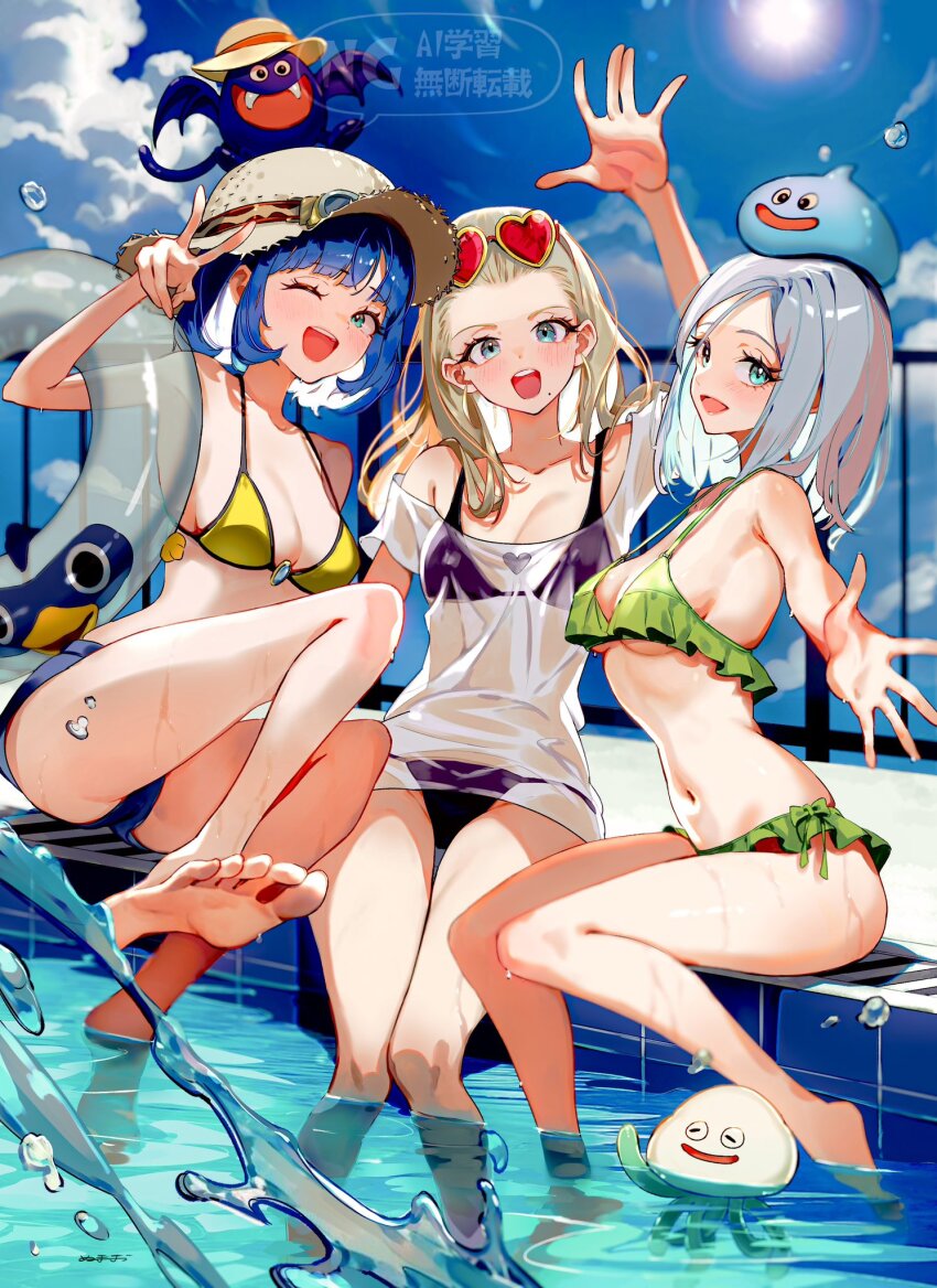 3girls, :d, alternate_costume, anlucea, aqua_eyes, barefoot, bikini, blonde_hair