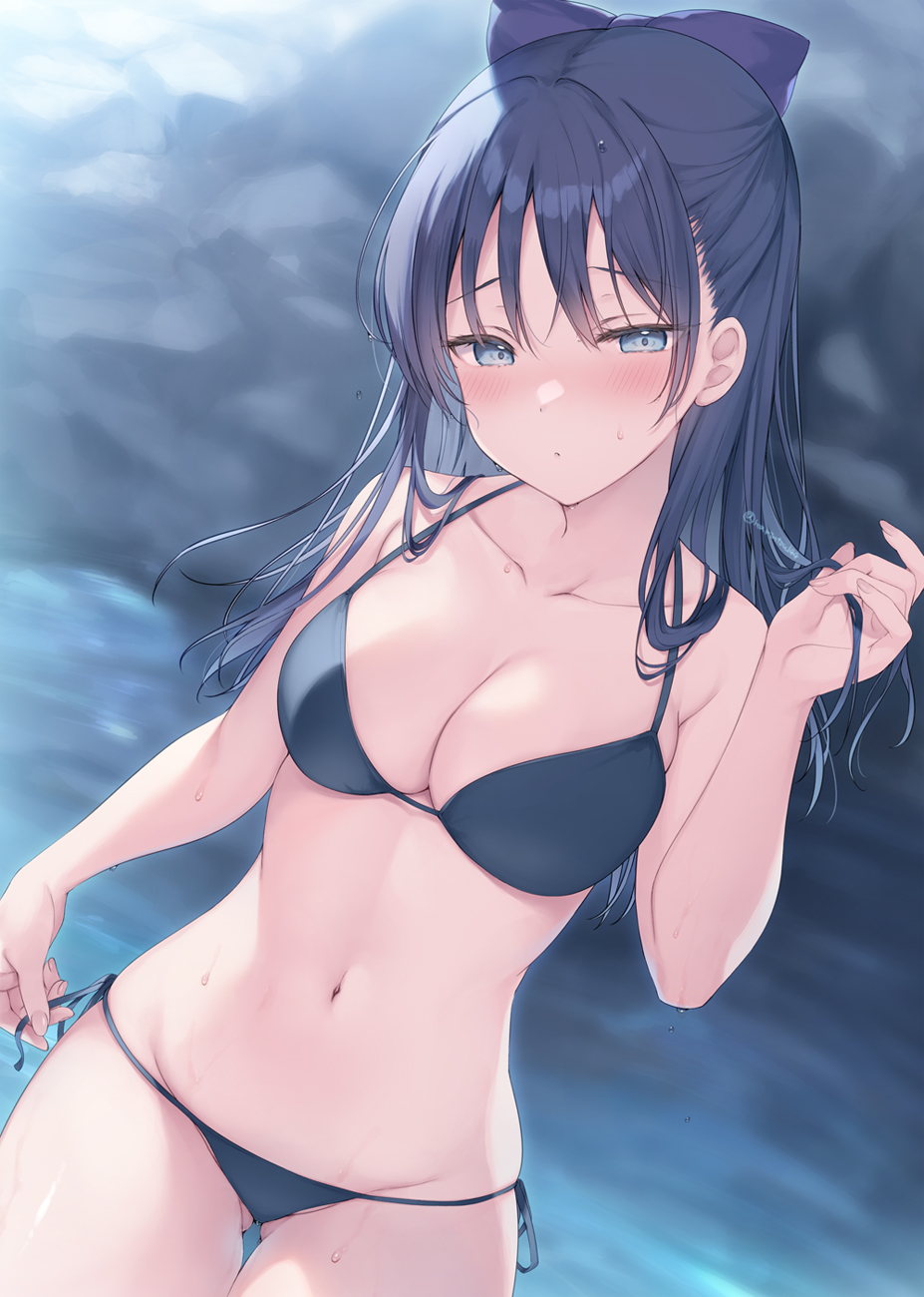 1girl, aotsu_karin, bikini, black_bikini, black_hair, blue_eyes, blush, bow