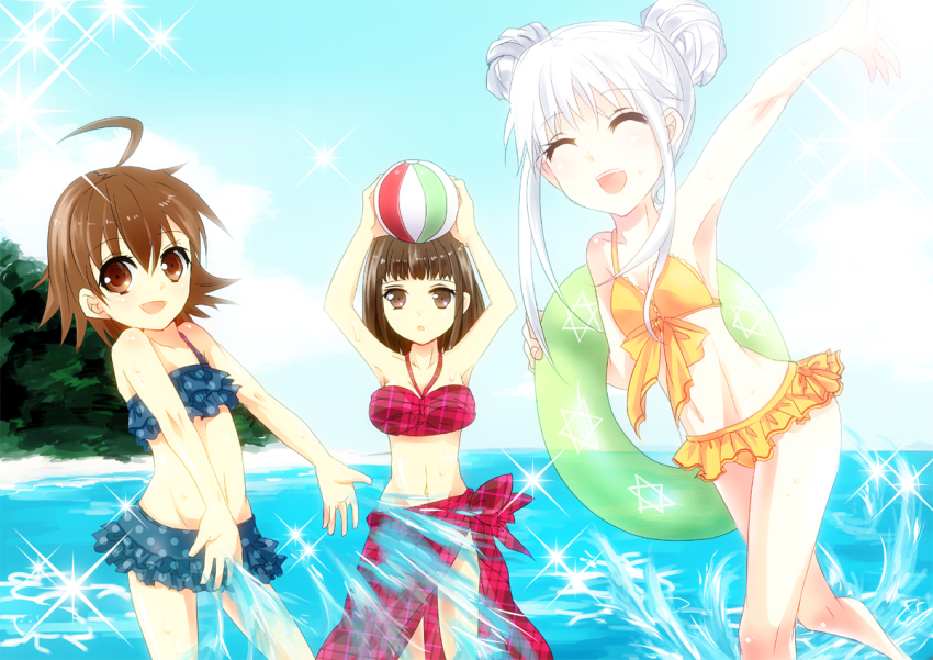 3girls, ahoge, bad_id, bad_pixiv_id, ball, beach, bikini, black_hair