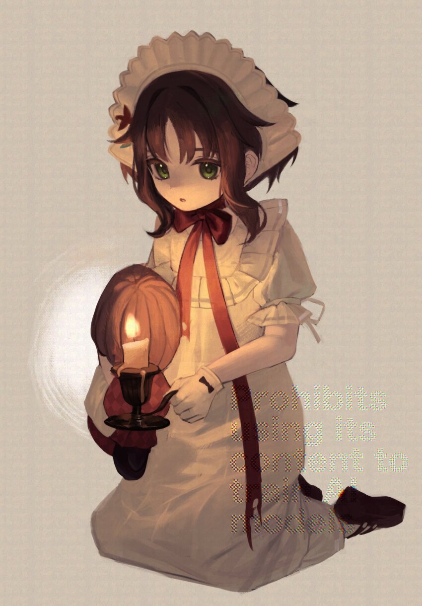 1girl, :o, adversarial_noise, black_shoes, bow, brown_hair, candle, candlelight