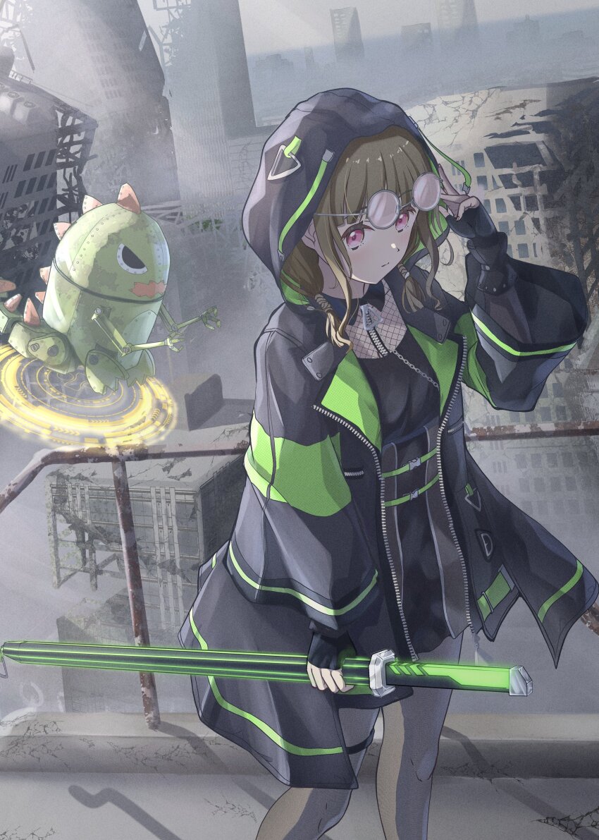 1girl, absurdres, black_coat, black_pantyhose, black_shirt, black_skirt, blunt_bangs, brown_hair