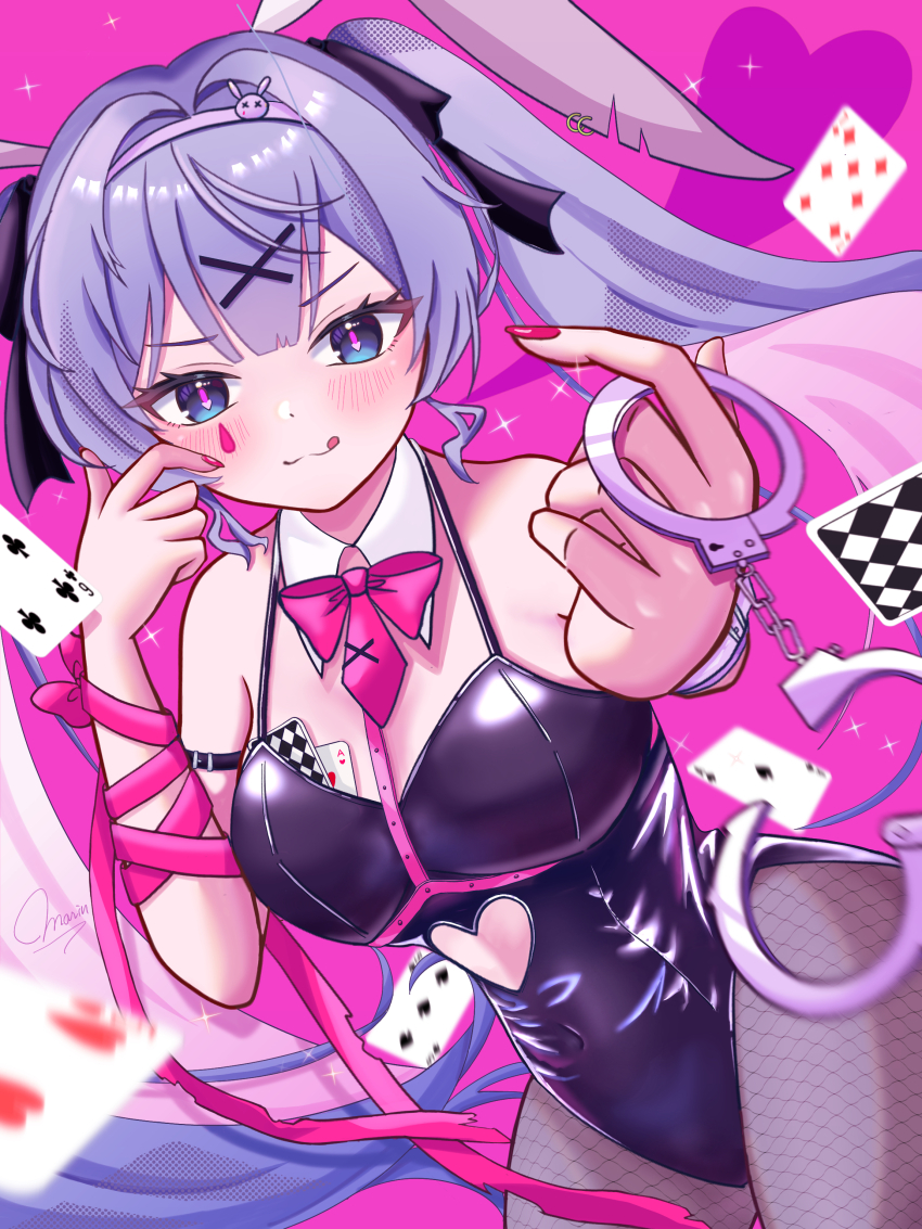 1girl, absurdres, animal_ears, bare_shoulders, black_leotard, blue_eyes, blue_hair, blush