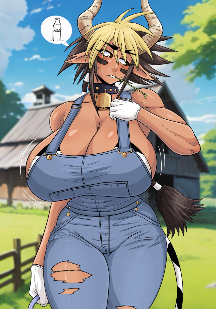 1girl, animal_ears, bell, black_hair, blonde_hair, blue_overalls, blue_sky, blurry, blurry_background, blush, breasts, brown_eyes, cathyl, cleavage, cloud, commentary, cow_ears, cow_girl, cow_horns, cow_print_bra, cow_tail, cowbell, cowboy_shot, dark-skinned_female, dark_skin, day, english_commentary, gloves, hair_between_eyes, highres, horns, house, huge_breasts, looking_afar, michael_gonzalez, monster_musume_no_iru_nichijou, mouth_hold, multicolored_hair, neck_bell, outdoors, overalls, short_hair, sky, solo, stalk_in_mouth, tail, torn_clothes, torn_overalls, tree, two-tone_hair, white_gloves