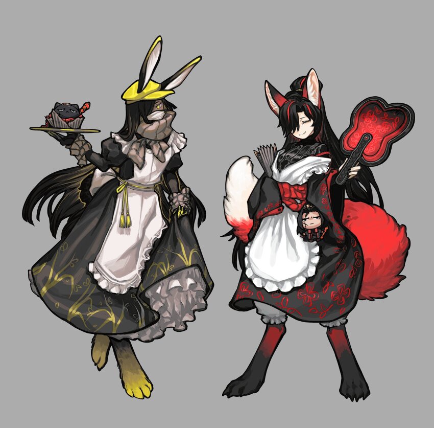 2girls, alternate_costume, animal_ears, animal_legs, apron, black_dress, black_hair, character_doll