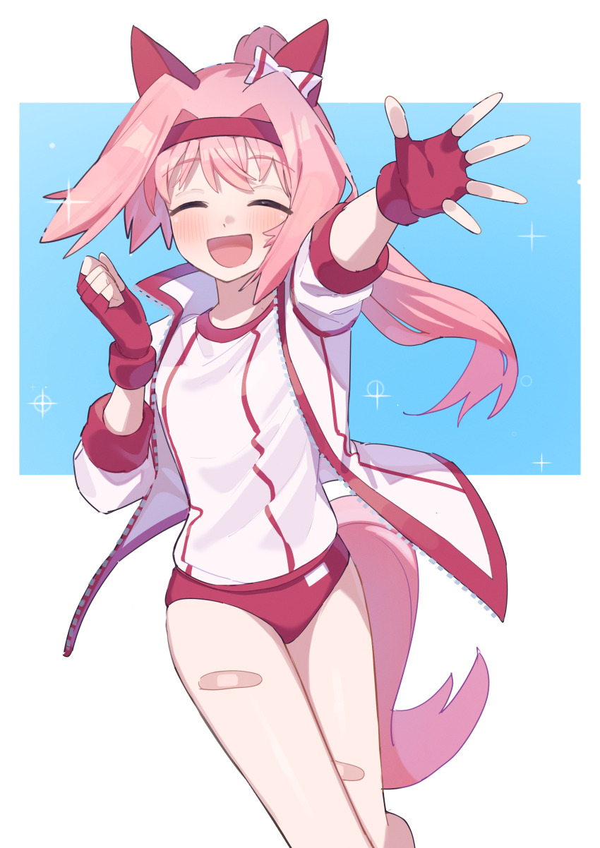 1girl, :d, ^_^, absurdres, animal_ears, bandaid, bandaid_on_leg, bow, buruma, clenched_hand, closed_eyes, ear_bow, ear_covers, facing_viewer, fingerless_gloves, freely2327, gloves, haru_urara_(bestest_prize)_(umamusume), haru_urara_(umamusume), headband, highres, horse_ears, horse_girl, horse_tail, jacket, long_hair, long_sleeves, open_mouth, outstretched_arm, pink_hair, ponytail, red_buruma, red_gloves, red_headband, shirt, smile, solo, tail, umamusume, white_bow, white_jacket, white_shirt