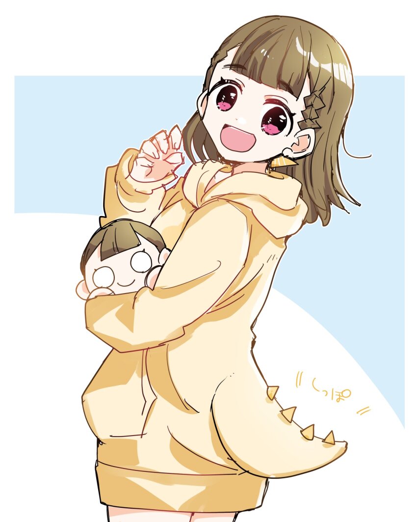 1girl, :d, blue_background, braid, center-flap_bangs, commentary_request, cowboy_shot, dinosaur_tail