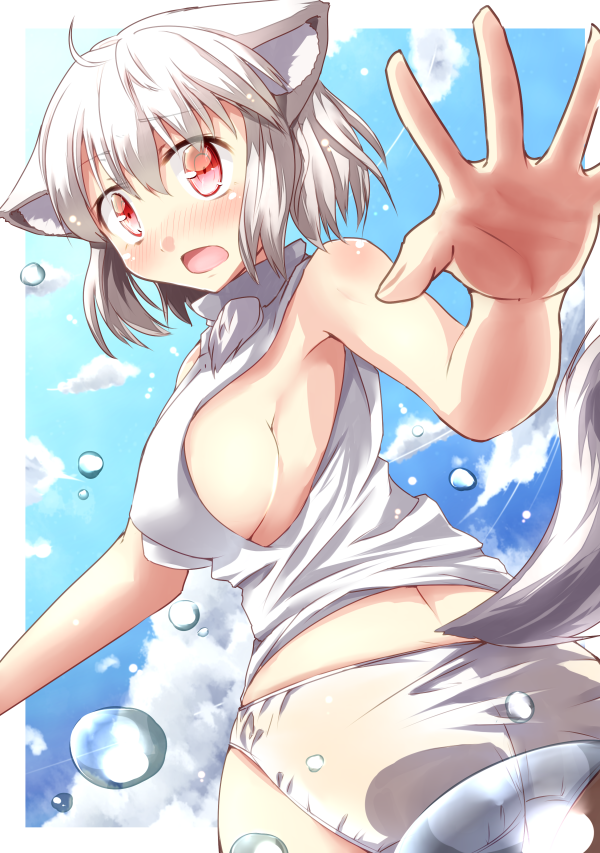 1girl, animal_ears, ass, blush, breasts, bubble, cloud, female_focus, inubashiri_momiji, large_breasts, no_bra, no_pants, panties, red_eyes, short_hair, sideboob, sky, solo, tail, touhou, underwear, wakudori, white_hair, white_panties, wolf_ears, wolf_tail