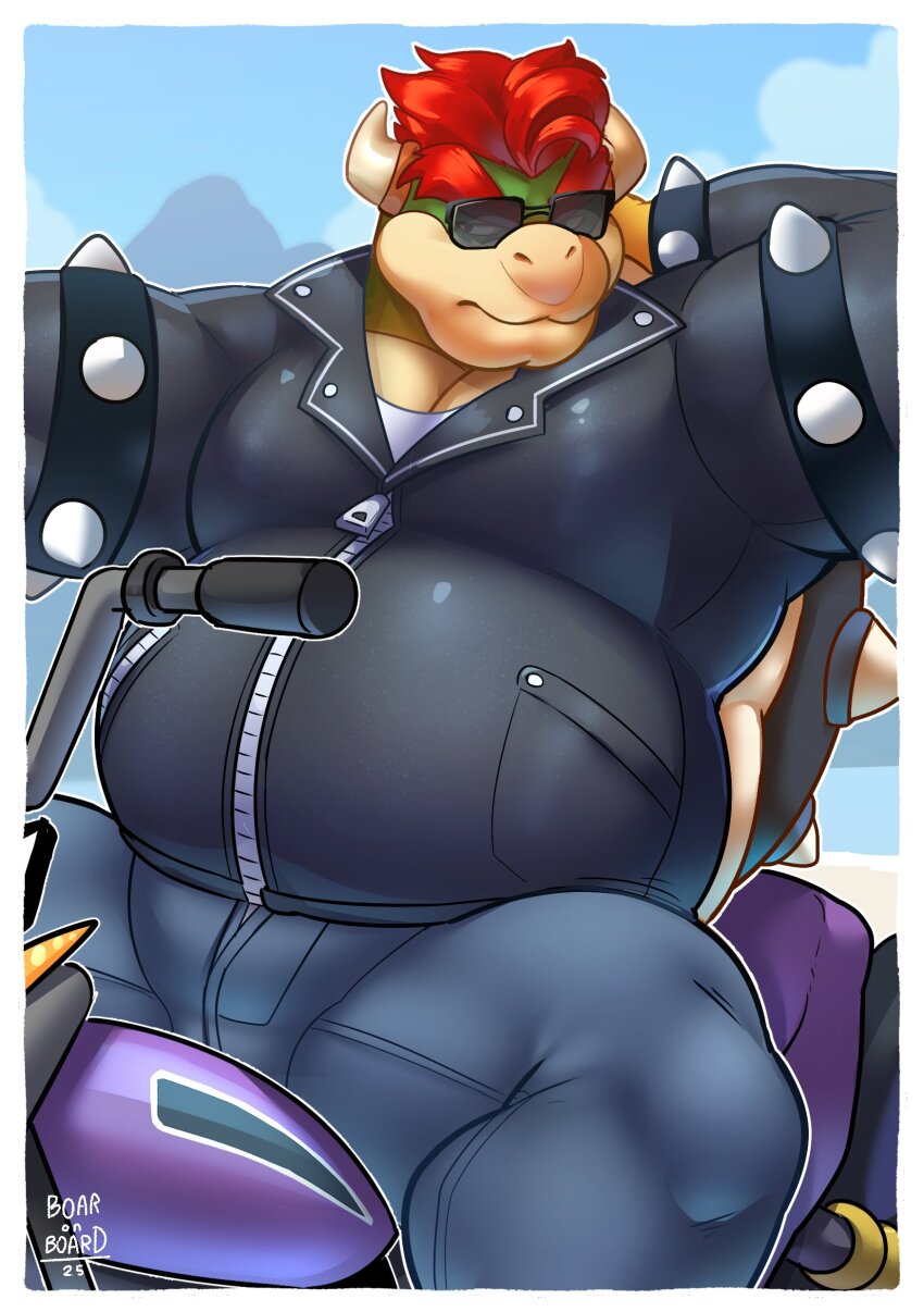 1boy, absurdres, arm_behind_head, armlet, bara, belly, black_jacket, bowser