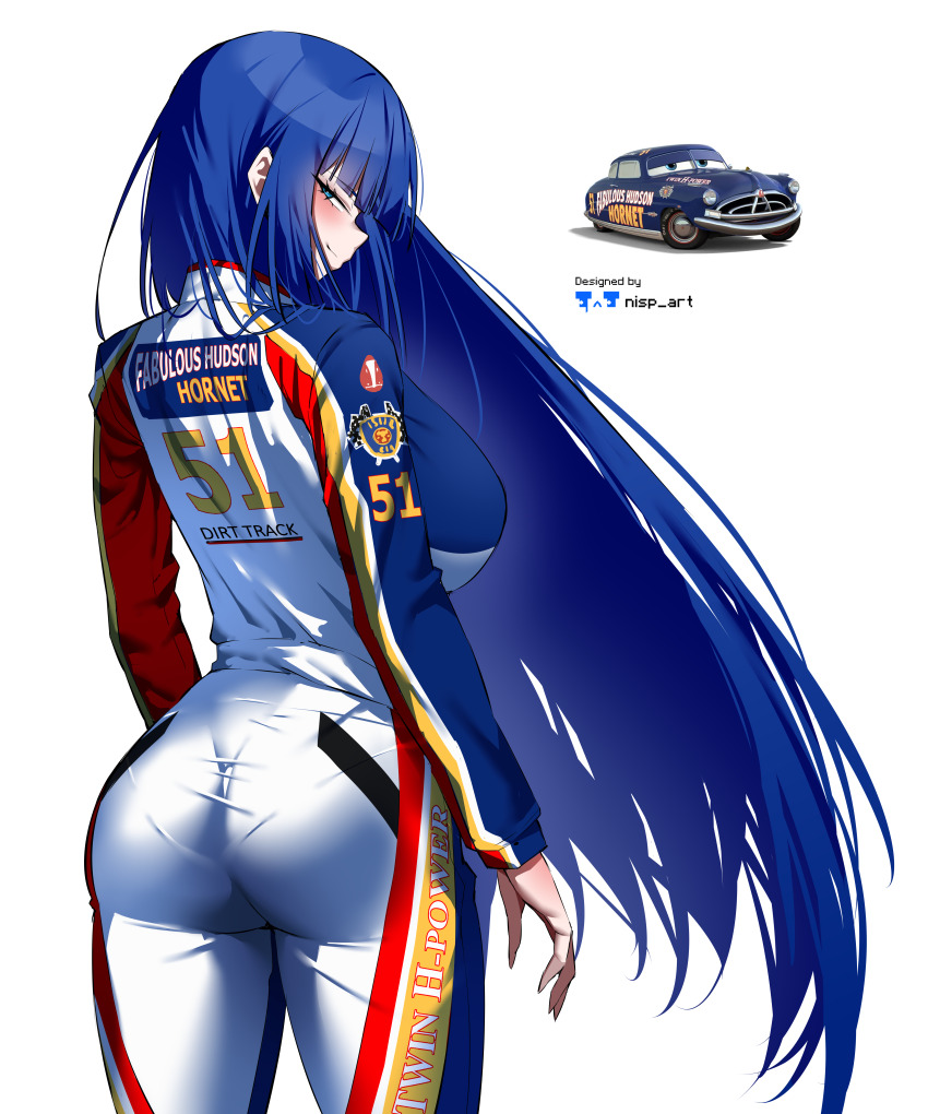 1boy, 1girl, absurdres, animification, artist_name, ass, blue_car, blue_eyes, blue_hair, blush, bodysuit, breasts, car, cars_(movie), commentary, doc_hudson, english_commentary, highres, huge_breasts, impossible_bodysuit, impossible_clothes, long_hair, motor_vehicle, multiple_girls, nisp_art, pantylines, personification, racing_suit, reference_inset, simple_background, skin_tight, smile, very_long_hair, white_background