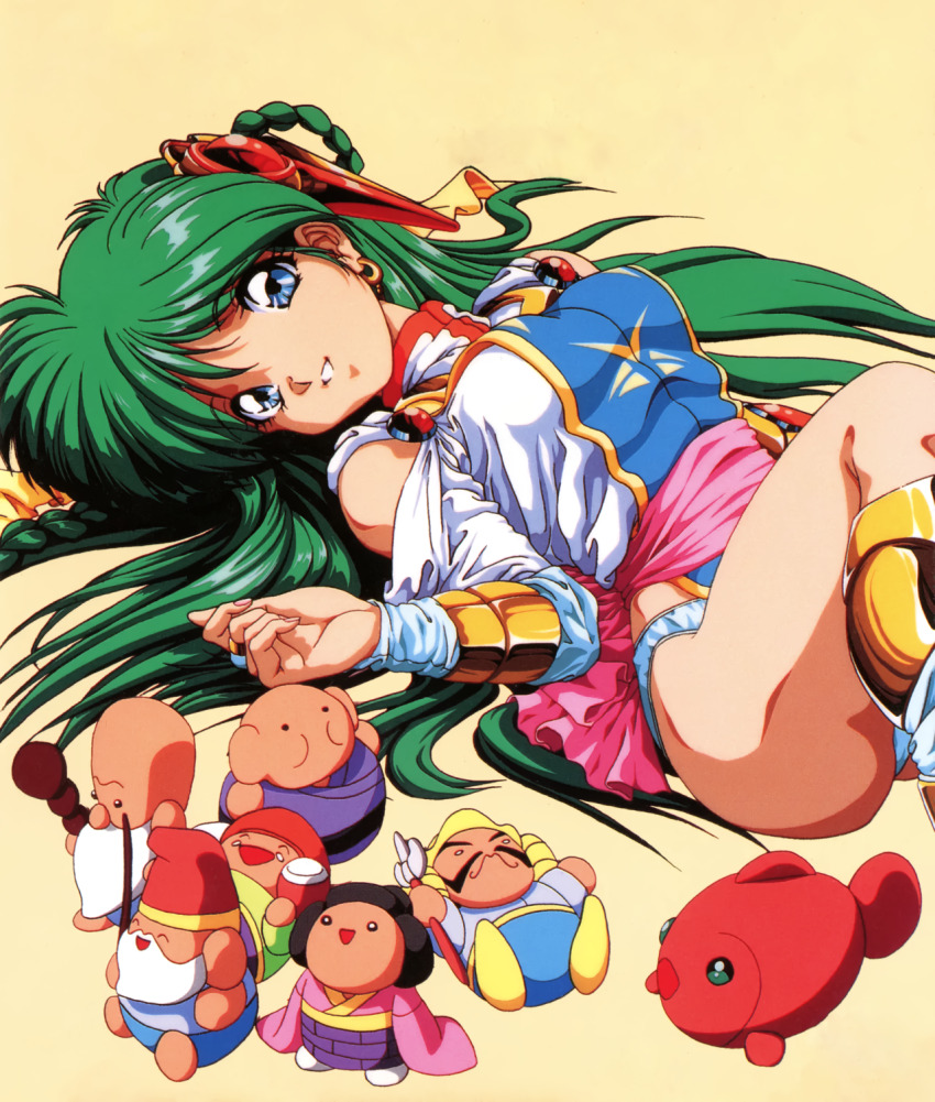 1990s_(style), 1girl, blue_eyes, bridal_gauntlets, can_can_bunny, can_can_bunny_extra, green_hair, hair_ornament, highres, long_hair, long_sleeves, looking_at_viewer, lying, non-web_source, official_art, panties, parted_lips, retro_artstyle, smile, solo, swatty_(can_can_bunny), underwear, white_panties