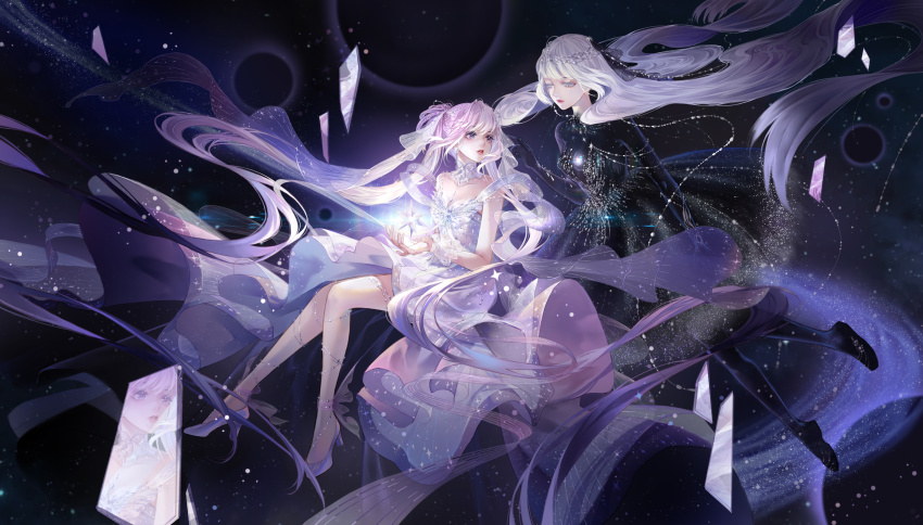 2girls, absurdly_long_hair, absurdres, bare_arms, bare_legs, bare_shoulders, black_boots, black_dress