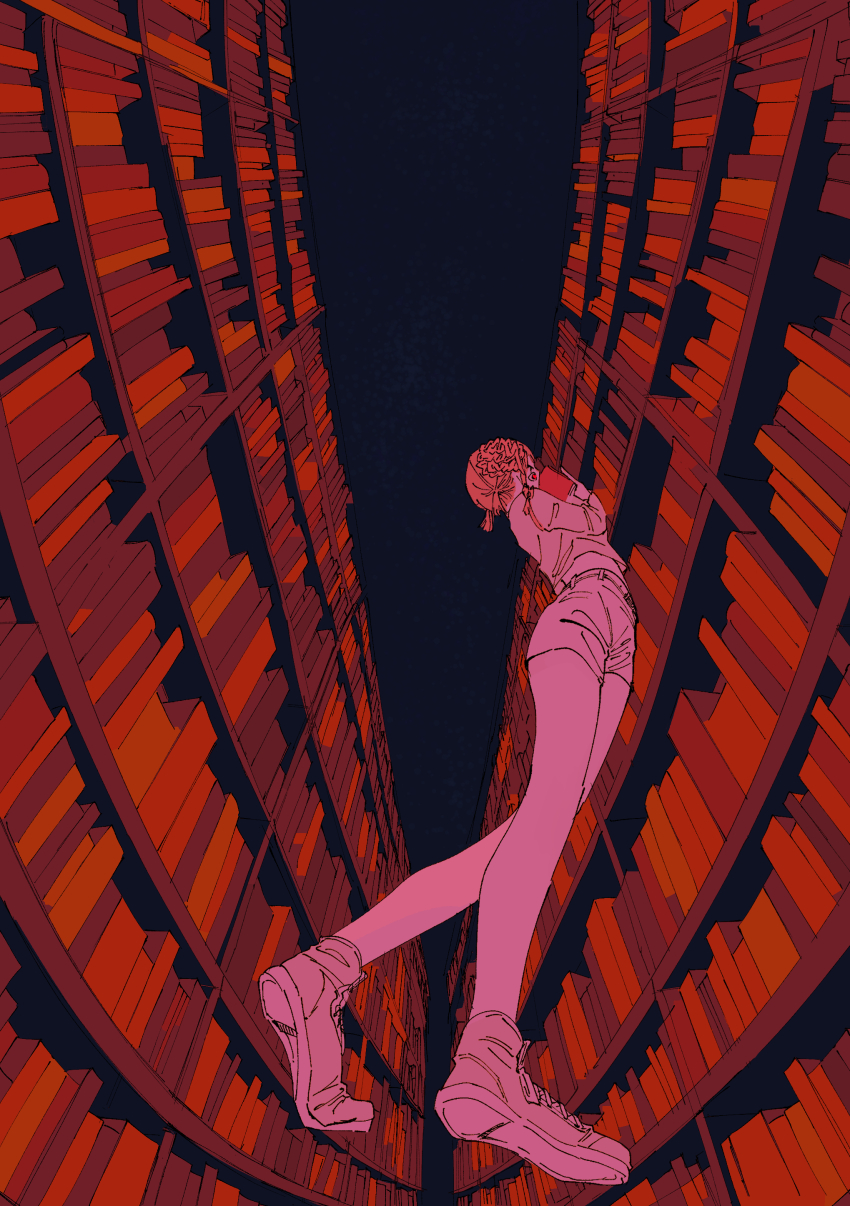 1girl, absurdres, bookshelf, chainsaw_man, cosmo_(chainsaw_man), fisheye, from_below, full_body