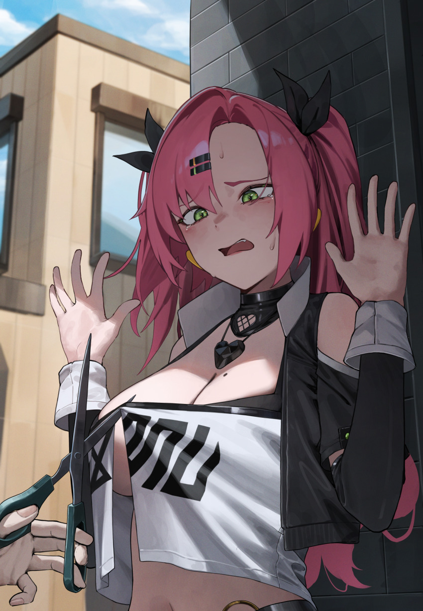 1boy, 1girl, breasts, cleavage, green_eyes, highres, holding, holding_scissors