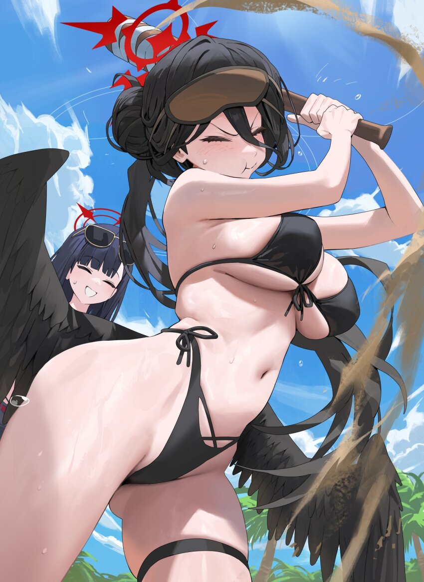 2girls, bikini, black_bikini, black_choker, black_hair, black_wings, blindfold, blindfold_lift