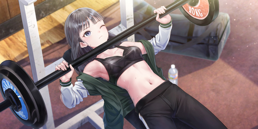 1girl, armpits, bag, barbell, bench_press, black_bag, black_hair, black_pants