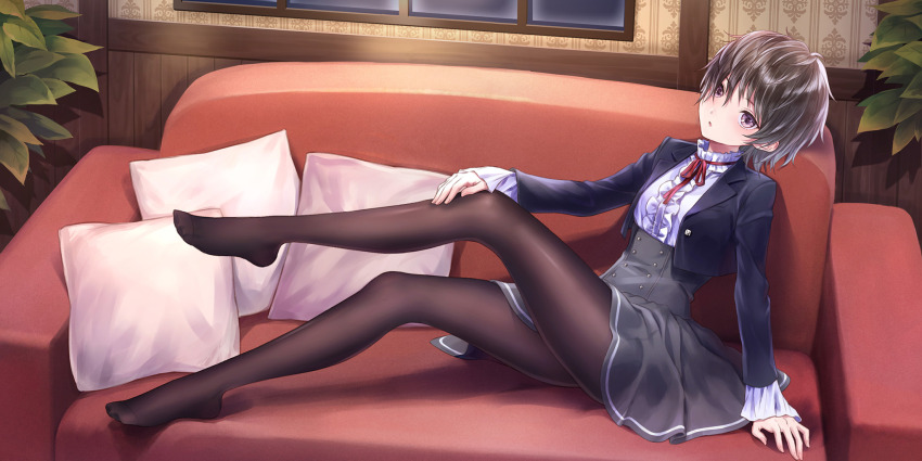 1girl, arm_support, black_hair, black_jacket, black_pantyhose, black_skirt, blue_reflection_(series), blue_reflection_sun
