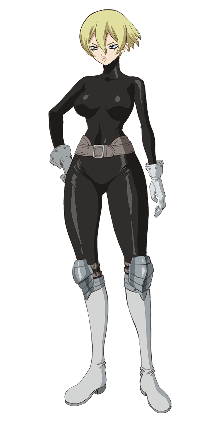 1girl, anime_coloring, belt, black_bodysuit, blonde_hair, blue_eyes, bodysuit, boots