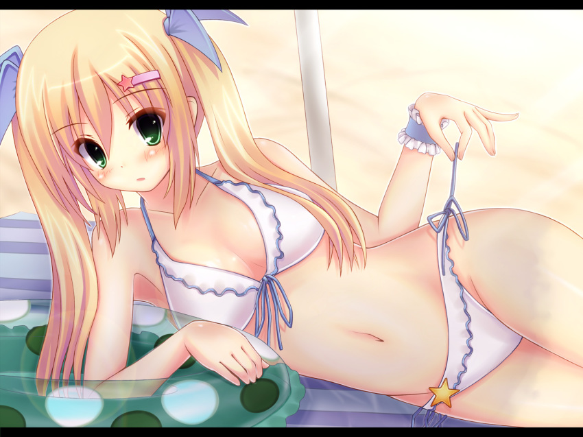 1girl, bad_id, bad_pixiv_id, beach, beach_mat, bikini, blonde_hair, blush