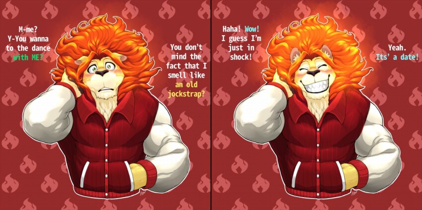 1boy, animal_ears, bara, blush, commentary, english_commentary, english_text, fangs, fiery_hair, furry, furry_male, grin, hand_in_pocket, hand_on_own_head, jacket, letterman_jacket, lion_boy, lion_ears, lion_mane, looking_at_viewer, male_focus, pawpads, red_background, rivals_of_aether, rujiru_draugen, smile, sweatdrop, zetterburn