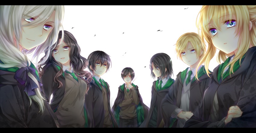 5boys, aged_down, bad_id, bad_pixiv_id, bellatrix_lestrange, black_hair, blonde_hair, draco_malfoy, harry_potter_(series), highres, letterboxed, long_hair, lucius_malfoy, male_focus, multiple_boys, narcissa_malfoy, regulus_black, school_uniform, severus_snape, short_hair, time_paradox, tom_marvolo_riddle, wand, white_hair, wizarding_world, yunaminato, yuuna_minato
