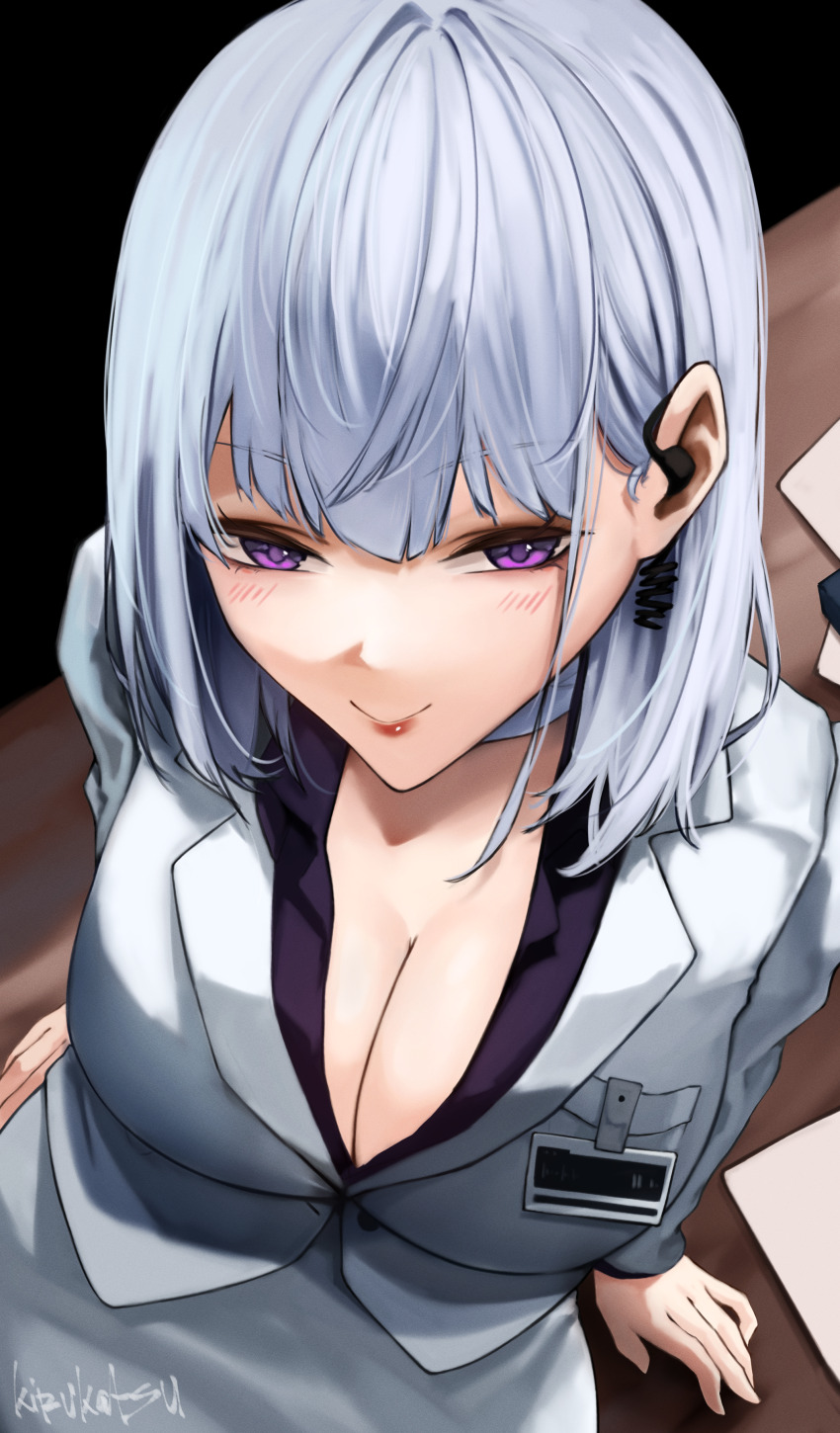 1girl, absurdres, arm_support, arms_behind_back, artist_name, bandaged_neck, bandages, blush