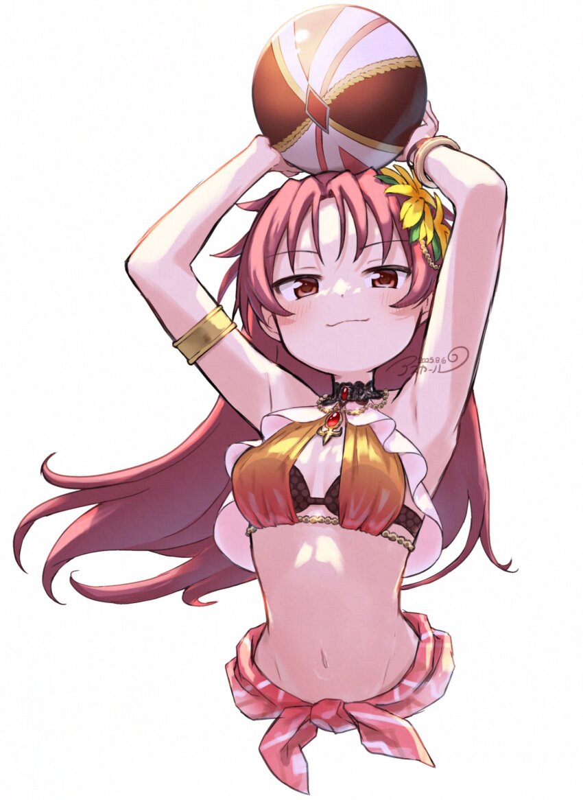 1girl, armpits, arms_up, asukaru_(magika_ru), ball, bare_arms, bare_shoulders, bikini