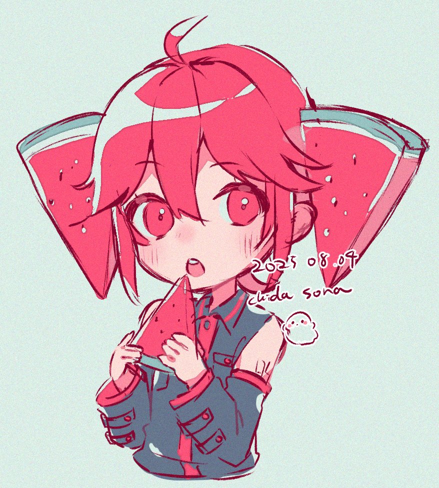 1girl, ahoge, alternate_hairstyle, bare_shoulders, blush, chiru_da, collared_shirt, commentary, cropped_torso, dated, detached_sleeves, film_grain, food, food-themed_hair_ornament, fruit, green_background, hair_between_eyes, hair_ornament, holding, holding_food, holding_fruit, kasane_teto, kasane_teto_(utau), long_sleeves, looking_at_viewer, open_mouth, red_eyes, red_hair, shirt, signature, simple_background, sleeveless, sleeveless_shirt, solo, upper_body, utau, watermelon, watermelon_hair_ornament, watermelon_slice