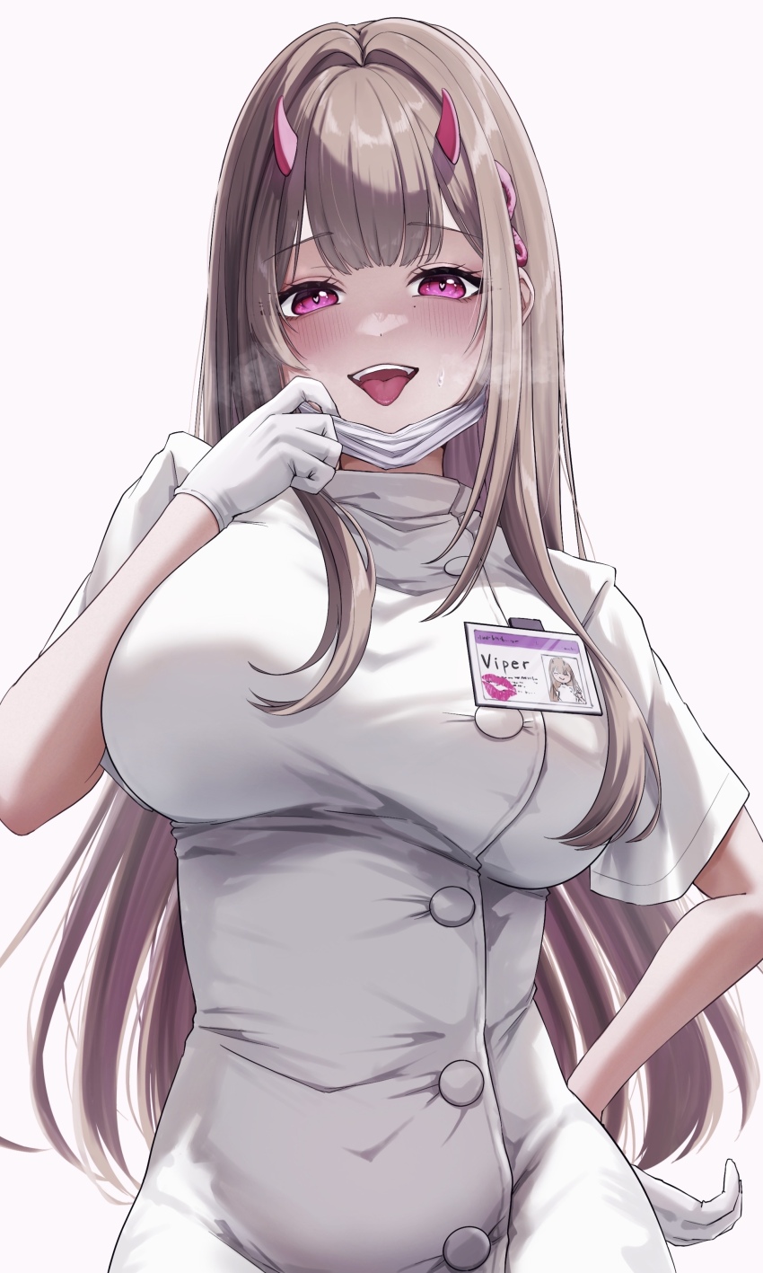 1girl, absurdres, alternate_costume, blush, breasts, brown_hair, buttons, commentary_request